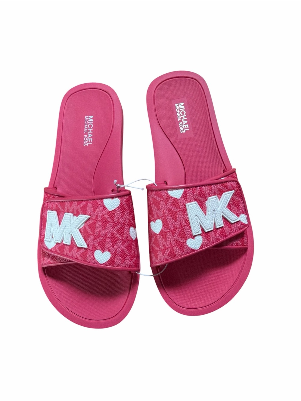 Michael Kors Palmer Slide Sandals Women's Pink Heart MK Logo Hibiscus
SIze 7